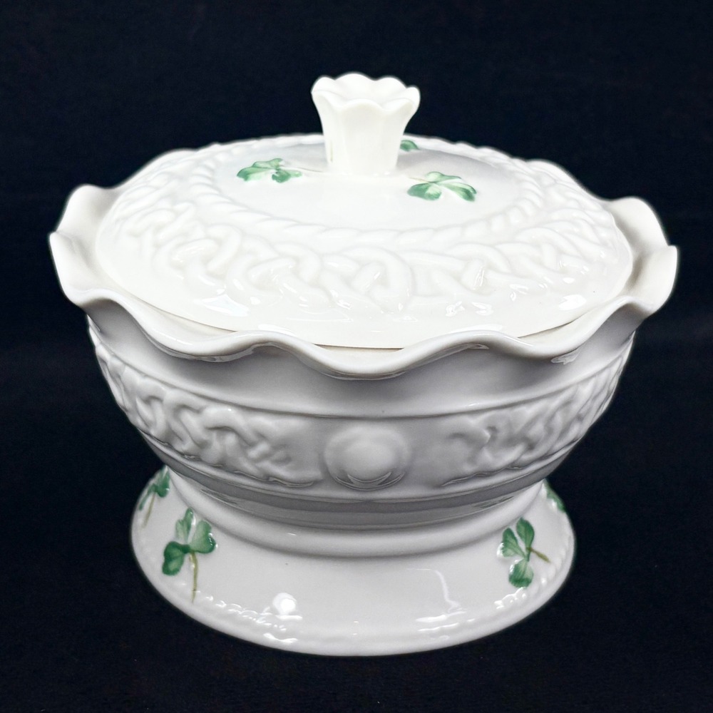 Vintage Belleek Tara Celtic Shamrock Gift / Trinket Box / Sugar Bowl with Lid - Picture 2 of 10